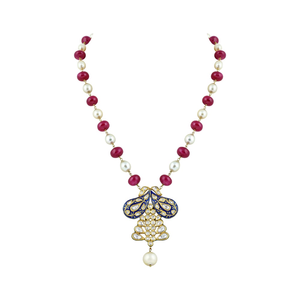 Polki Pendant Necklace with Blue Enamel Pendant